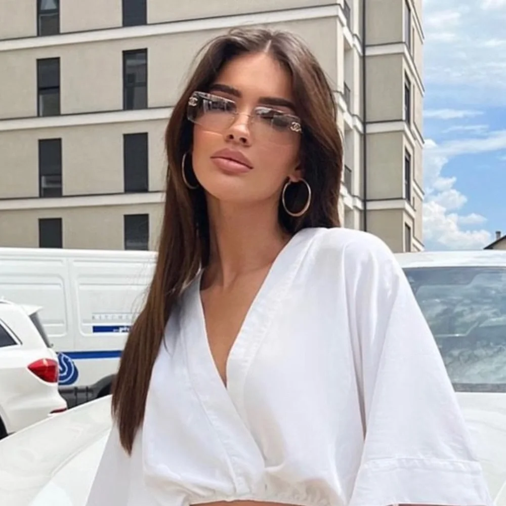 CHANEL Purple Gradient Rimless Sunglasses with Gold Accents - Picture 8 of 9